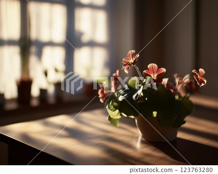 Gloxinia in a clay pot on a table in a cozy room at sunset. House plants. 123763280