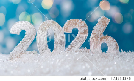 New year 2026 numbers in snow with bokeh lights, holiday and winter theme 123763326