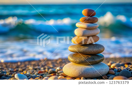 Delicate balance, the art of stacked stones in the salty wind 123763379
