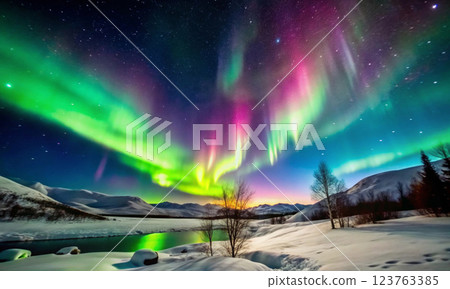 The magic of the Northern Lights in the embrace of a winter night The magic of the Northern Lights in the embrace of a winter night 123763385