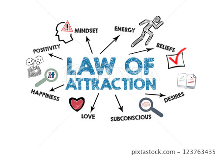 Law of attraction Concept. Illustration with icons, keywords and arrows on a white background 123763435