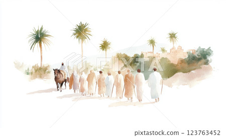 Biblical scene with disciples walking and palm trees in watercolor style Biblical scene with disciples walking and palm trees in watercolor style 123763452