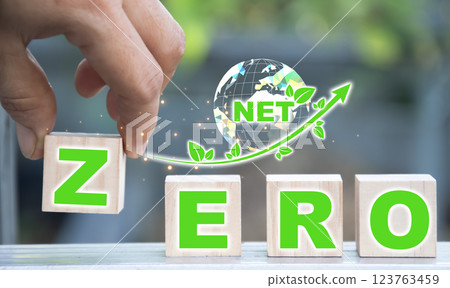 The Net Zero concept, net zero greenhouse gas emissions, is a long-term strategic goal of a climate-neutral and environmentally sustainable world. 123763459