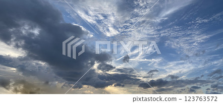 Weather background. Windy day. Blue sky and dark clouds 123763572