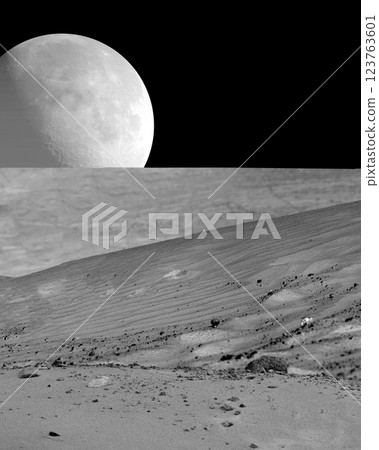 Black landscape background with sand and big planet Black landscape background with sand and big planet 123763601