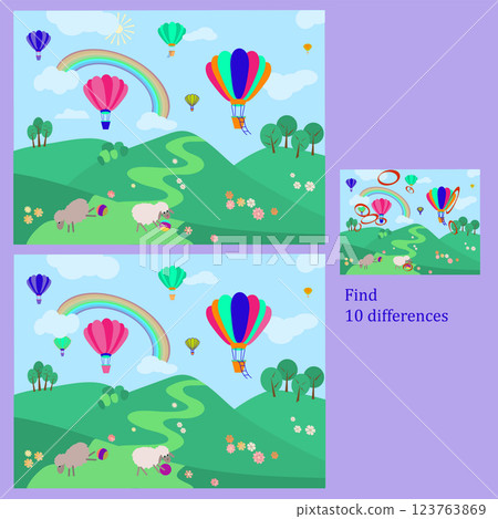 find 10 differences puzzles for children under 6 years old, presented by seasons, summer 123763869