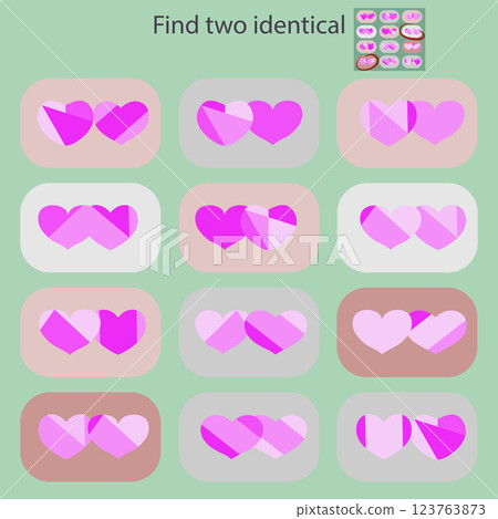 In a children s puzzle game for children under 6 years old, find 2 identical pictures with hearts. In a children s puzzle game for children under 6 years old, find 2 identical pictures with hearts. 123763873