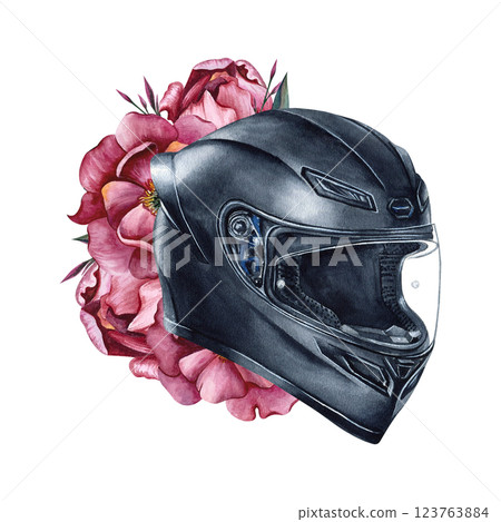 Motorcyclist helmet with pink peonies. Crash helmet and flowers. Moto gear for women biker. Moto girl. Watercolor illustration isolated from background. For posters, textile, phone case, stationary 123763884