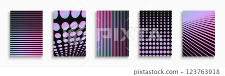 Collection of color holographic abstract posters, templates, placards, brochures, banners, flyers, backgrounds. Bright striped and dotted halftone gradient covers. Minimal cards with digital print 123763918
