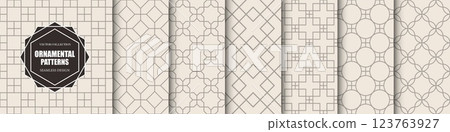 Collection of seamless decorative monochrome patterns - geometric ornamental luxury design. Repeatable beige elegant backgrounds. Symmetry endless prints 123763927