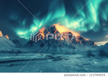 Northern lights in the mountains. Beautiful winter night landscape. 123764035