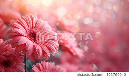 Gerbera flower in red color with a backdrop of green garden Gerbera flower in red color with a backdrop of green garden 123764040