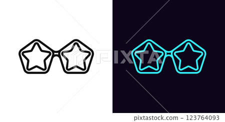 Outline superstar sunglasses icon, with editable stroke. Glamour sunglasses with star lens, retro style spectacles. Fashion star glasses, party eyewear, pop disco style, modern sunglass. Vector icon 123764093