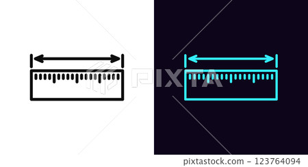 Outline ruler icon, with editable stroke. Measuring ruler with dimension arrow, length or width measure. Shoes or clothes size, measure scale, body parameter size, overall dimension. Vector icon 123764094
