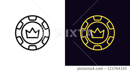 Outline royal chip icon, with editable stroke. Poker chip with crown icon, king casino club. Royal poker club, gambling token, poker game, casino empire, gaming chip, card game reward. Vector icon Outline royal chip icon, with editable stroke. Poker chip with crown icon, king casino club. Royal poker club, gambling token, poker game, casino empire, gaming chip, card game reward. Vector icon 123764105