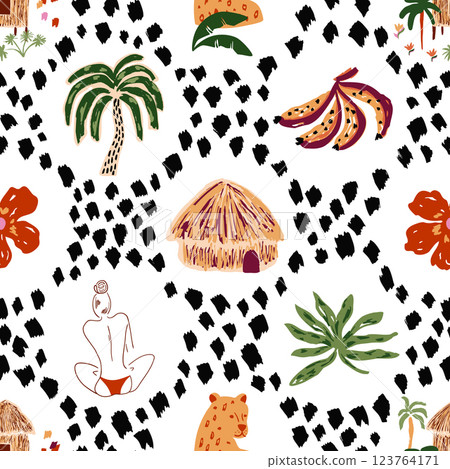 Spotted tropical pattern decorated jungle leaves, palms, beach house. Vector leopard spots background. 123764171