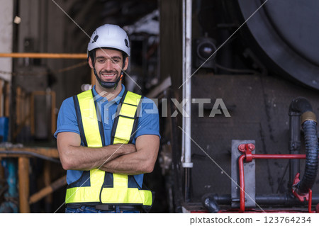 Engineer checking construction process railway and checking work on railroad station .  123764234
