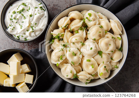 Russian cuisine dumplings in a bowl served with sour cream, butter and herbs close-up. Horizontal top view 123764268