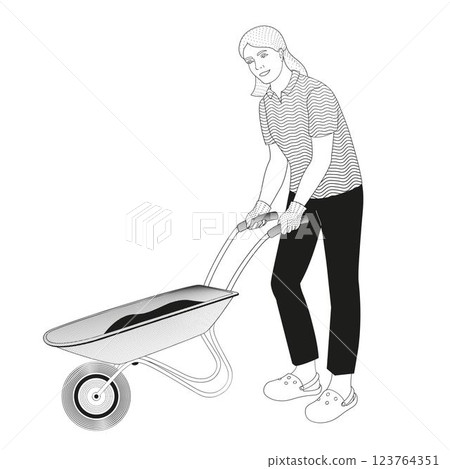 woman with garden wheelbarrow black and white vector illustration 123764351