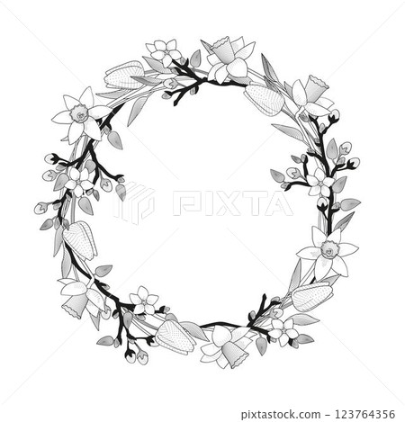 Circle frame Flower wreath of blossoming  tree branches, daffodils and tulips. 123764356