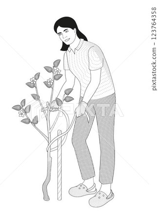 women ties the apple saplings to a wooden peg black and white vector illustration 123764358