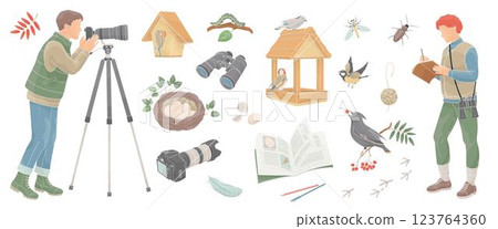 Peoples birdwatching, man and women with binoculars, camera and notepad in outdoor clothes and set elements about birdwatching Peoples birdwatching, man and women with binoculars, camera and notepad in outdoor clothes and set elements about birdwatching 123764360