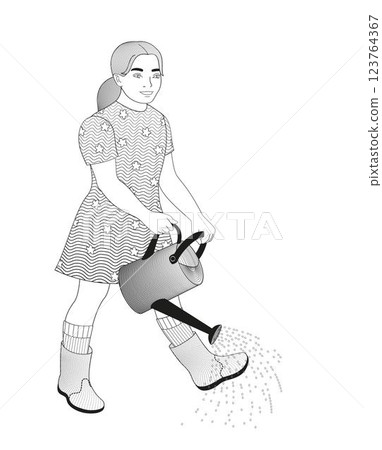 Girl with a watering can black and white vector illustration 123764367