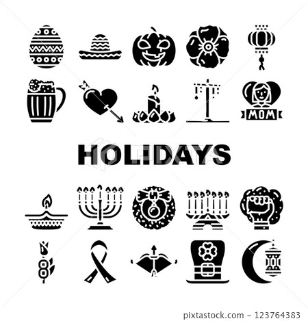 Holidays Celebration Accessories Icons Set Vector Holidays Celebration Accessories Icons Set Vector 123764383