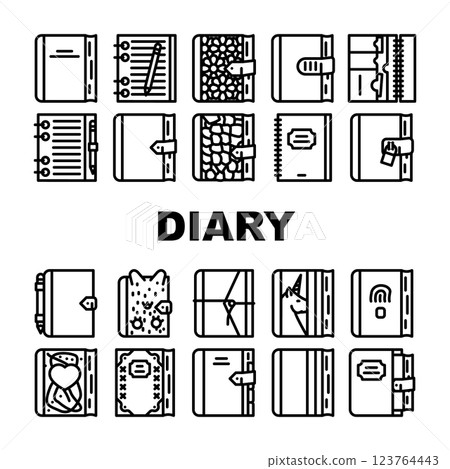 Diary Paper Stationery Accessory Icons Set Vector 123764443