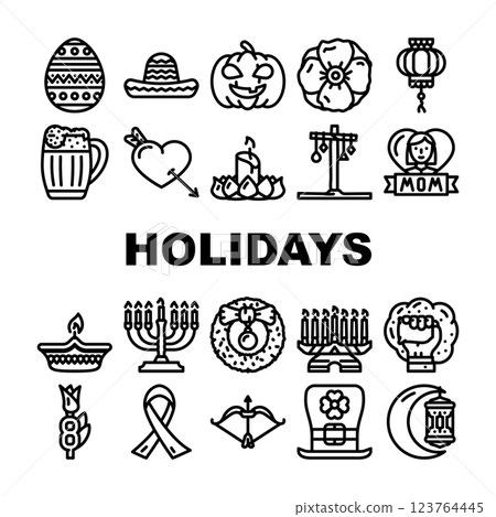 Holidays Celebration Accessories Icons Set Vector Holidays Celebration Accessories Icons Set Vector 123764445