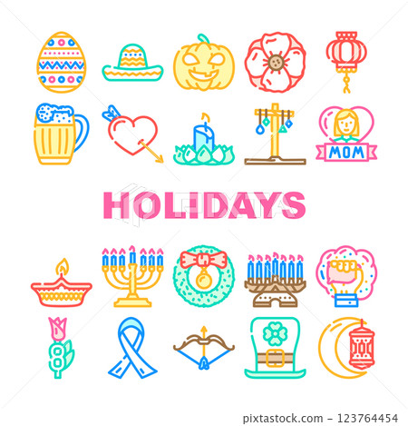 Holidays Celebration Accessories Icons Set Vector Holidays Celebration Accessories Icons Set Vector 123764454