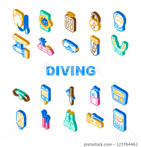Diving Equipment And Accessories Icons Set Vector 123764462