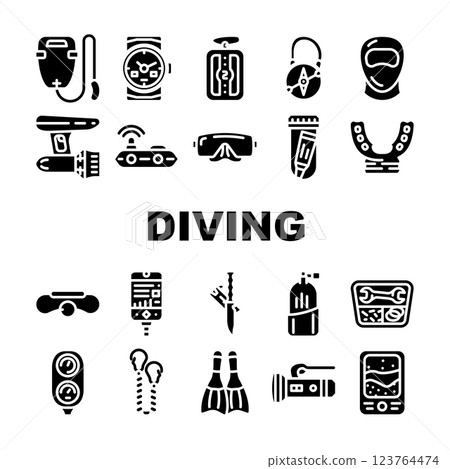 Diving Equipment And Accessories Icons Set Vector 123764474