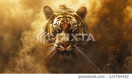 Tiger Emerging Through Golden Sandstorm with Fierce Gaze 123764482