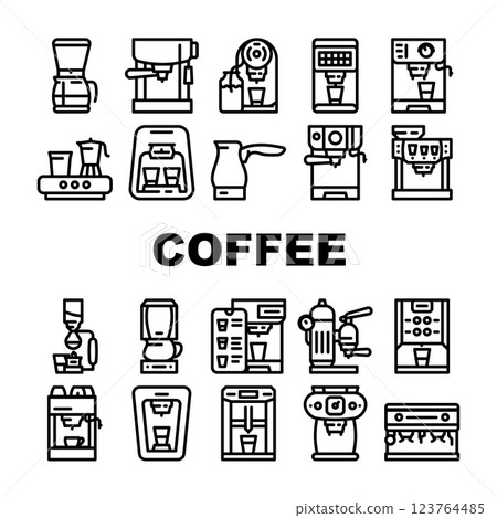 Coffee Machine Barista Equipment Icons Set Vector 123764485