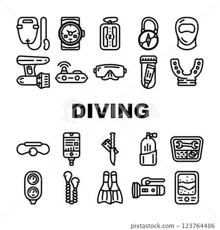 Diving Equipment And Accessories Icons Set Vector 123764486