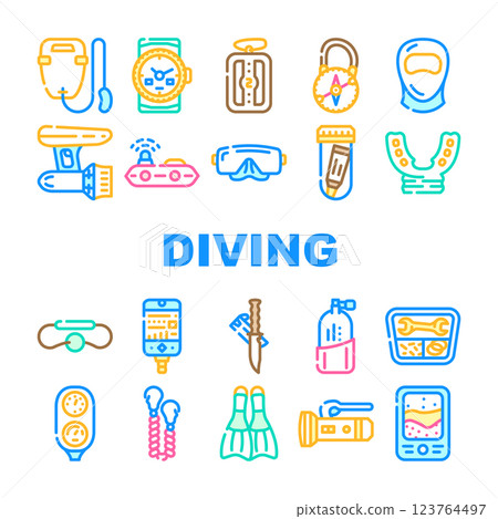 Diving Equipment And Accessories Icons Set Vector 123764497