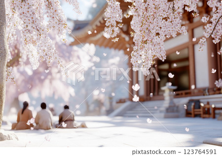 Cherry blossoms near a traditional japanese temple during spring festival, background 123764591