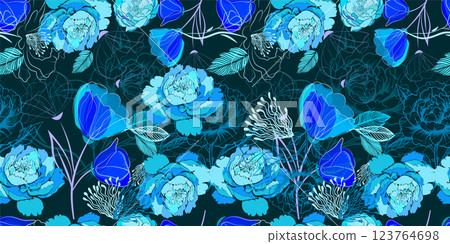Seamless background blue flowers. Not AI, Vector illustration. 123764698
