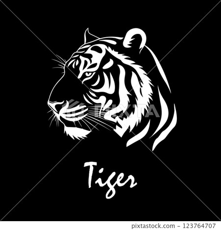 Tiger head on black background. hand drawing. Not AI, Vector illustration 123764707