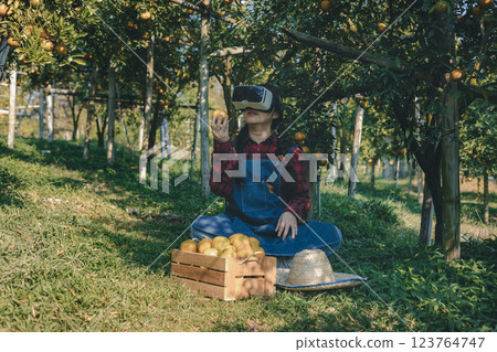 Farmer working in orange orchard. Farmer working in orange orchard. 123764747