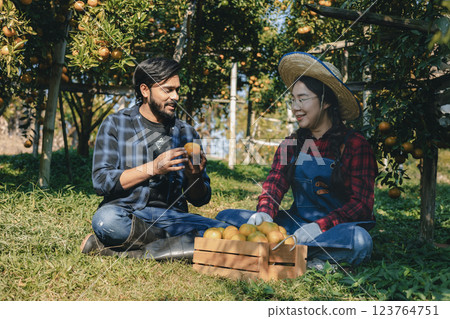 Farmer working in orange orchard. Farmer working in orange orchard. 123764751