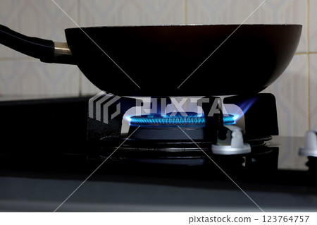 Fire flame burning on a gas stove in the kitchen. Fire flame burning on a gas stove in the kitchen. 123764757