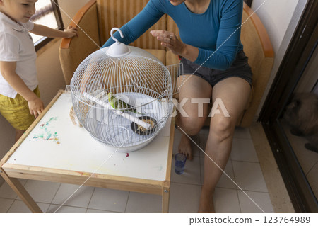Mother and son caring for pet budgie in a cage Mother and son caring for pet budgie in a cage 123764989