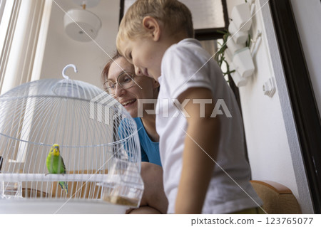 Grandmother and grandson admiring a small parrot in a cage Grandmother and grandson admiring a small parrot in a cage 123765077