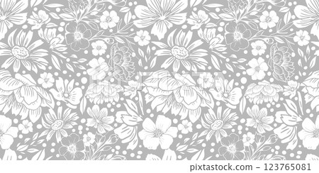 Gray and white seamless background flowers graphic. hand drawing. Not AI, Vector illustration 123765081