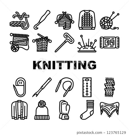 knitting wool textile knit icons set vector 123765129