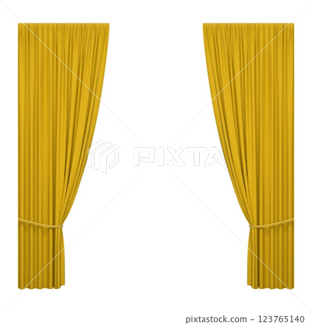 Yellow stage curtains isolated on white background. Realistic open drapes 123765140
