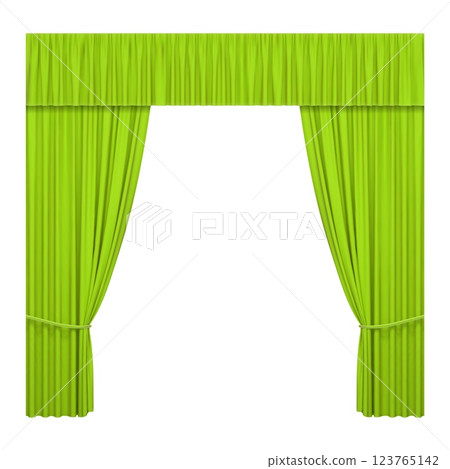 Green stage curtains isolated on white background. Realistic open drapes 123765142
