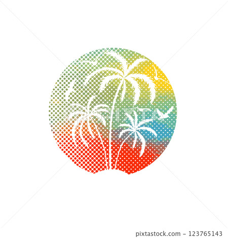 Abstract palm tree in a circle at sunset. Circle icon with tropical landscape. Paradise island. hand drawn. Not AI, Vector illustration Abstract palm tree in a circle at sunset. Circle icon with tropical landscape. Paradise island. hand drawn. Not AI, Vector illustration 123765143